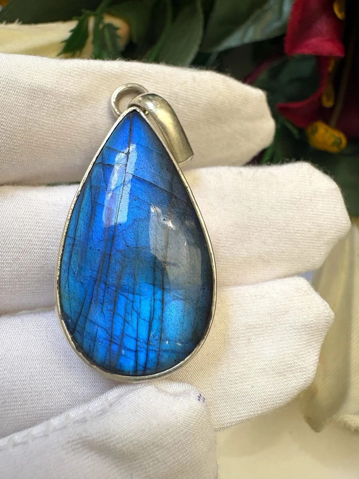 Blue Flash Labradorite Pendant 925 Sterling Silver Teardrop Gemstone
