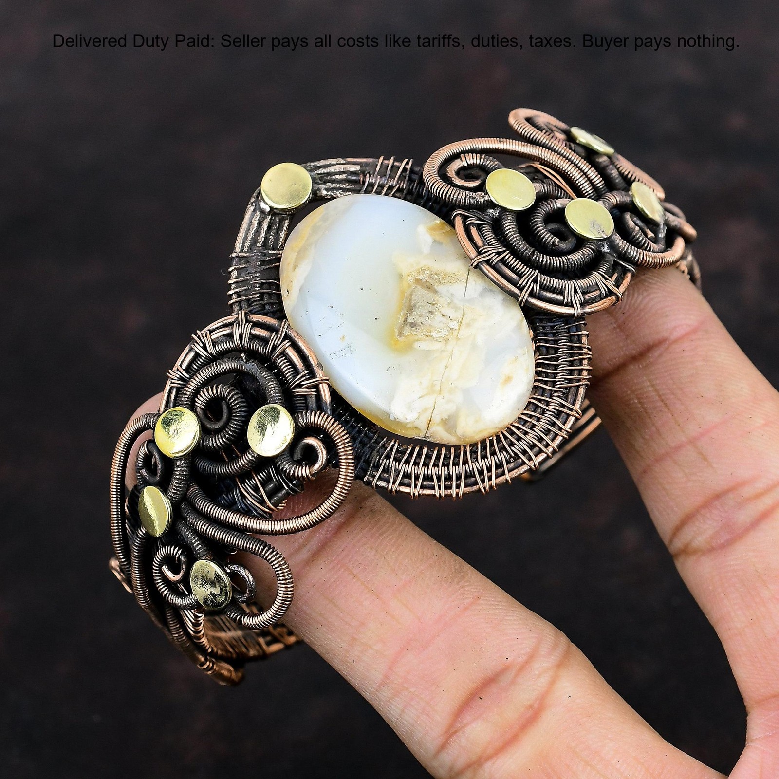 Oval Plume Agate Stone Copper Unique Wedding Wire Wrapped Ethnic Daughter Bangle