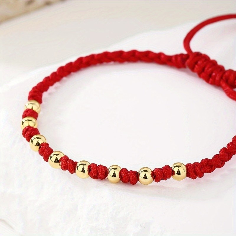 Men’s and Women’s Golden Copper Round Bead Red Braided Rope Bracelet
