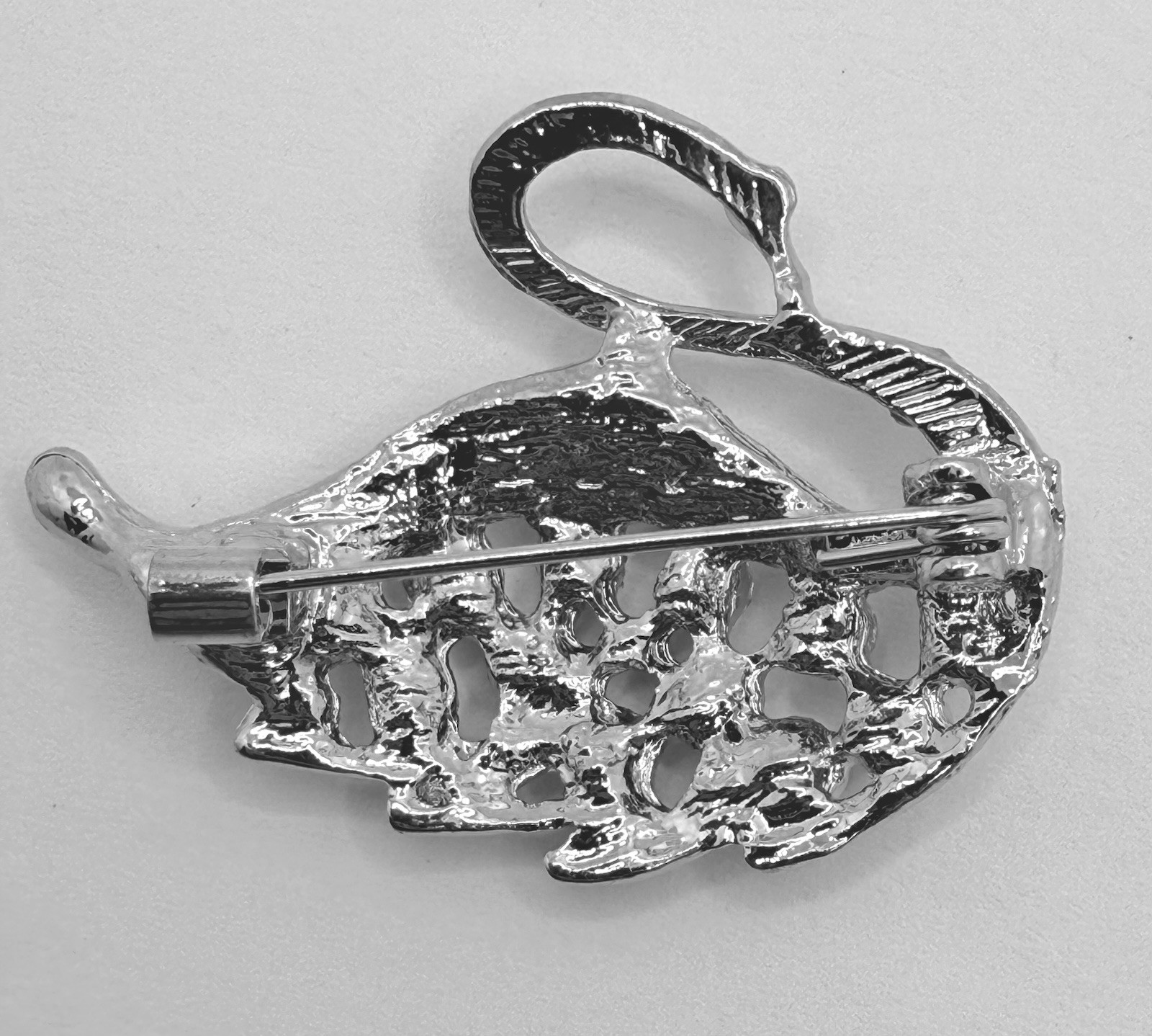 Vintage Inspired Swan Brooch Pin with Rhinestones Silver Tone