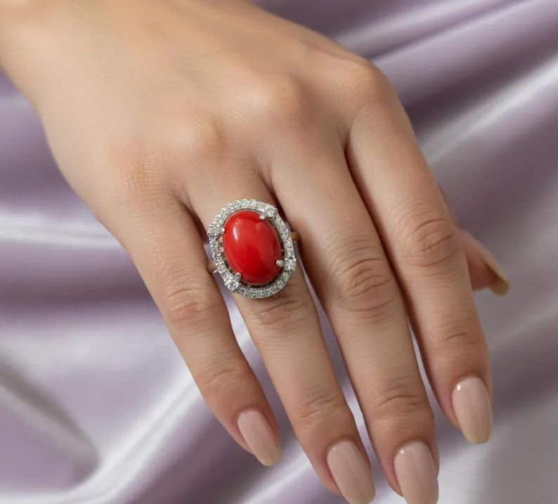 Red Coral Ring, Brass Gold Alloy , Birthday Gift Her, Women Ring