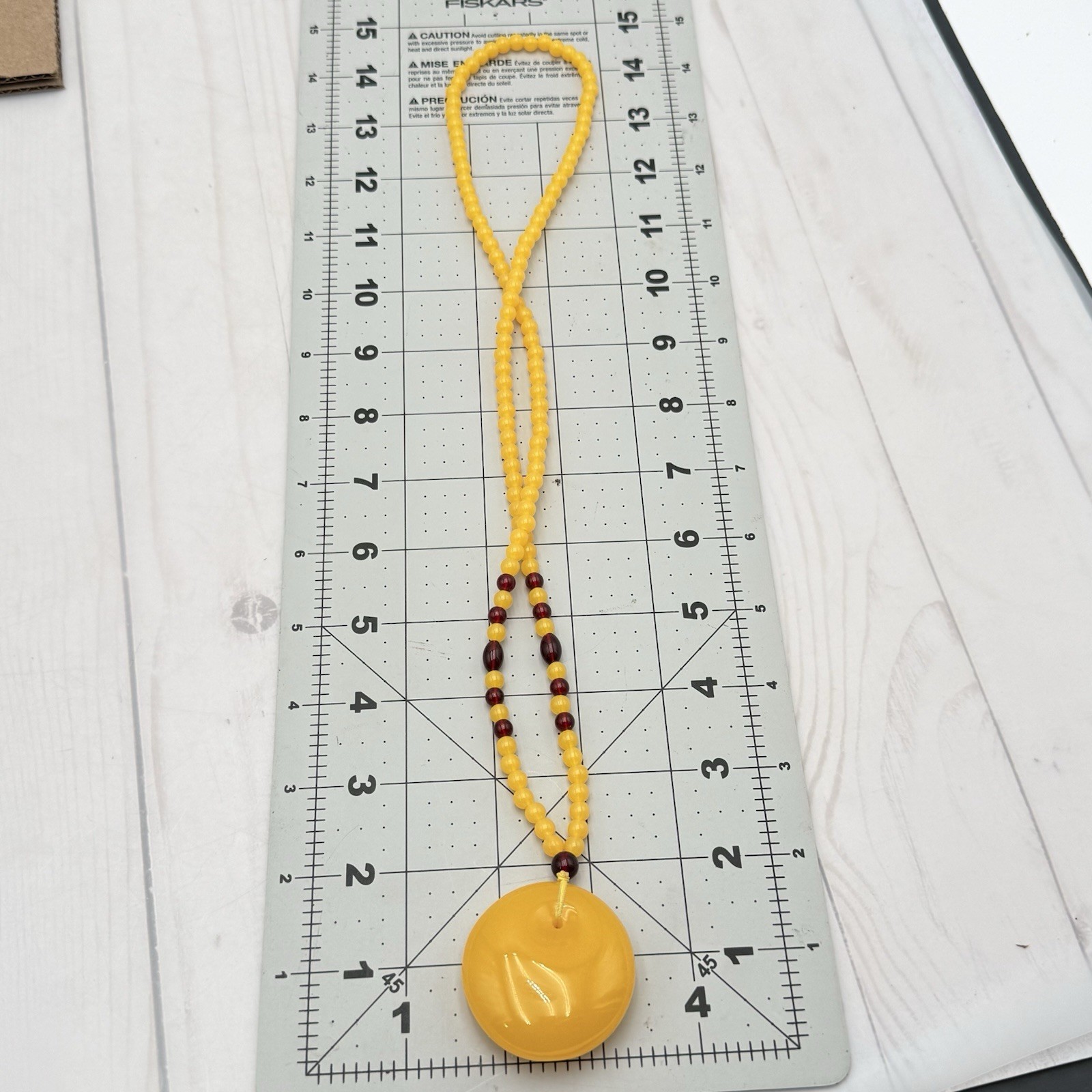 Retro Yellow Plastic Beaded Necklace Large Disc Pendant Statement Boho