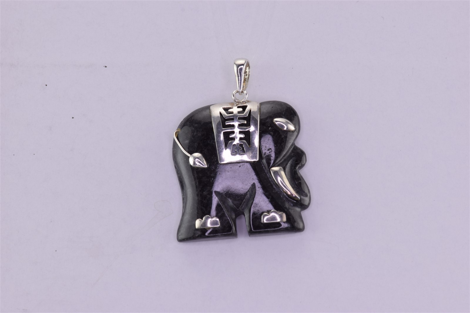 Sterling Silver 25mm x 25mm Carved Obsidian Elephant 925 Pendant