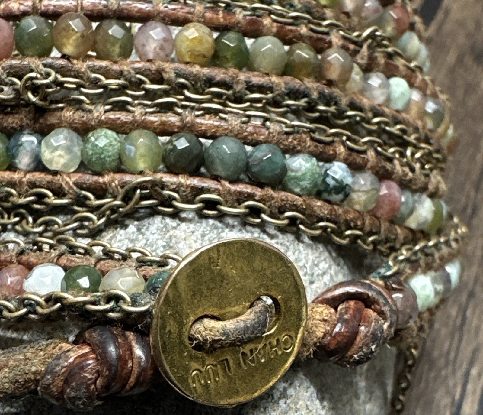 **CHAN LUU** 33” 5x Semi-Precious Stone Leather Cord Wrap-Around Bracelet