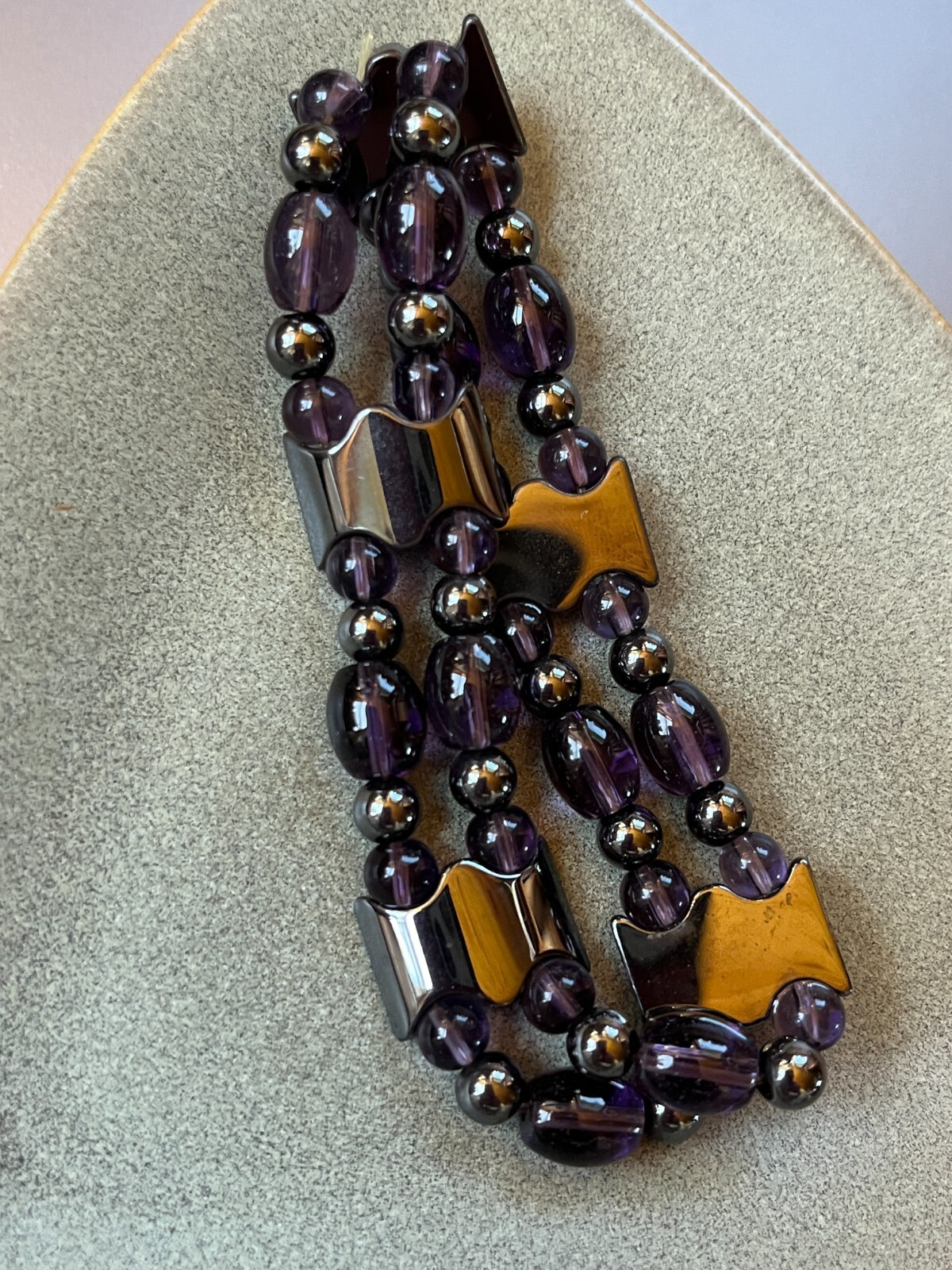 Hematite Scalloped Rectangle Round & Dark Purple Barrel & Round Bead Stretch Bra