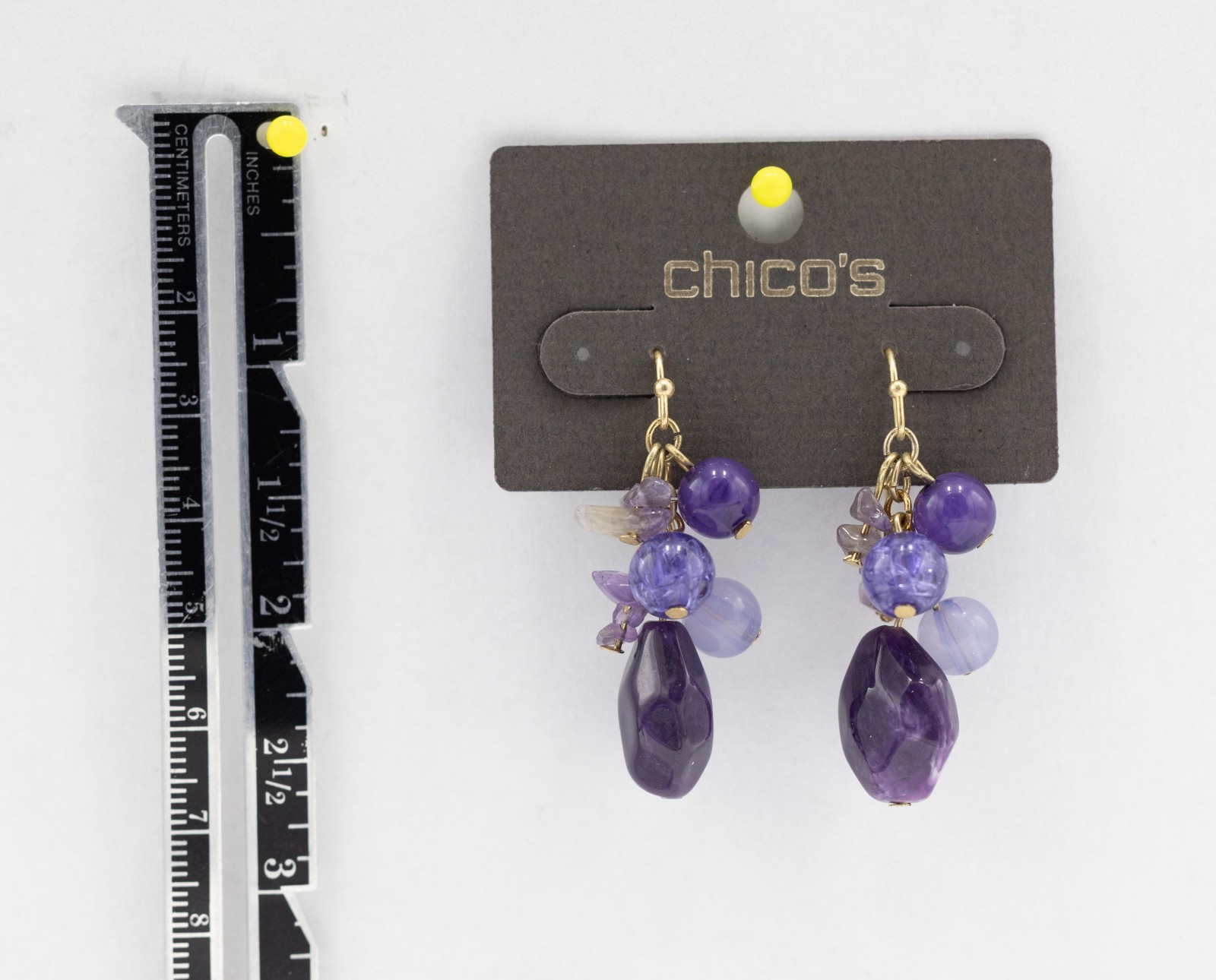 Chico’s Gold-toned drop earrings textured discs beads Purple Shiloh Cluster NWT