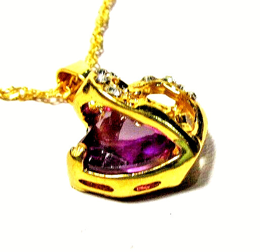 Gold Tone Purple & Clear Crystal Heart Pendant 16″ Necklace – NWOT (#2673)