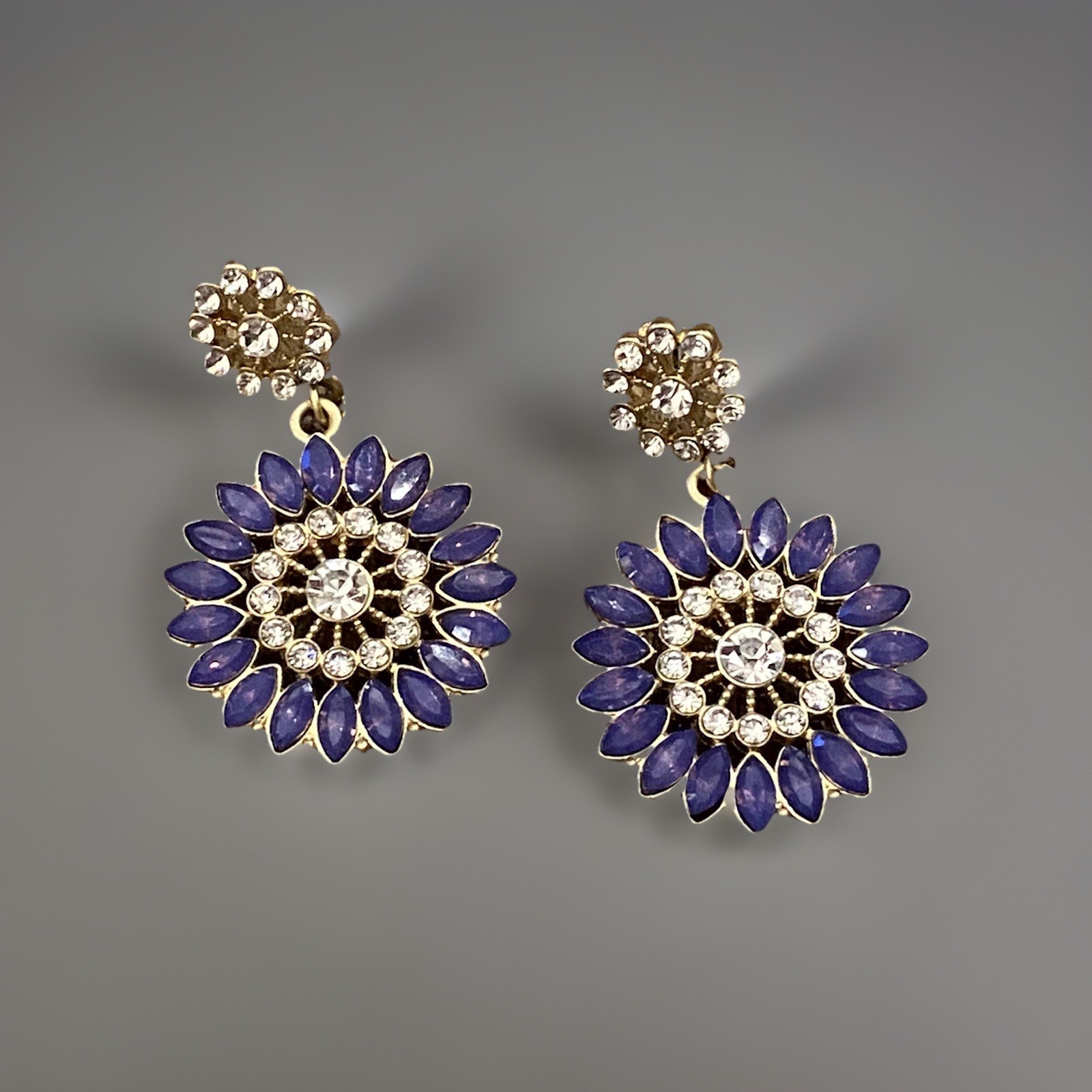 Purple & Clear Glass Gold Tone Round Dangle Pierced Earrings