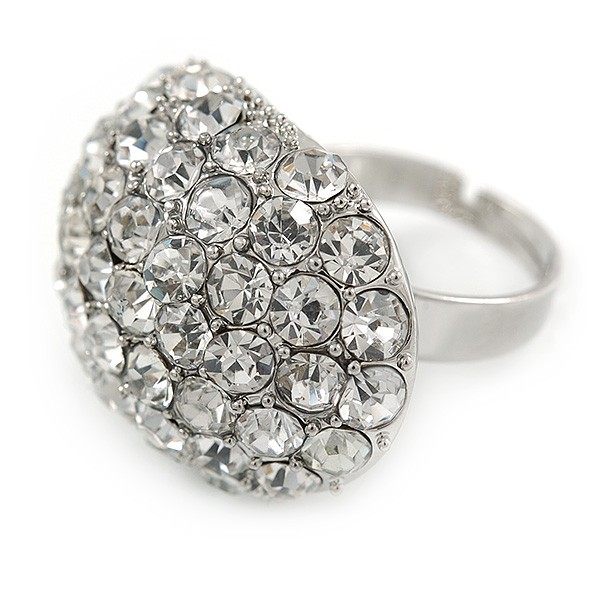 Pave Set Clear Crystal Dome Shape Ring In Silver Tone Metal – 30mm – 7/8 Size –