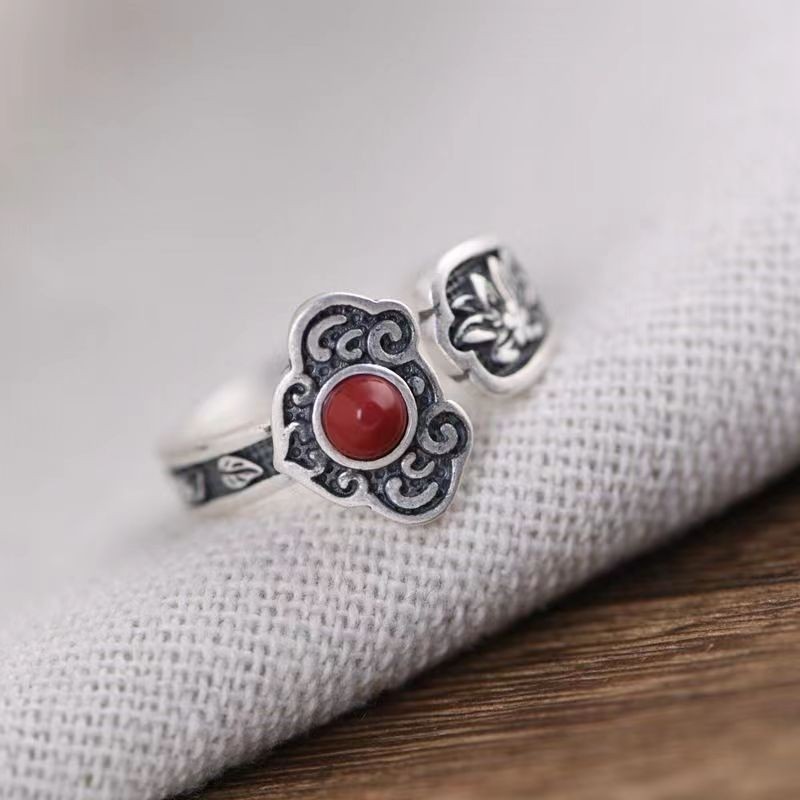 Silver Women’s Ring with Natural NanHong Agate Ruyi Motif One Size Fit All