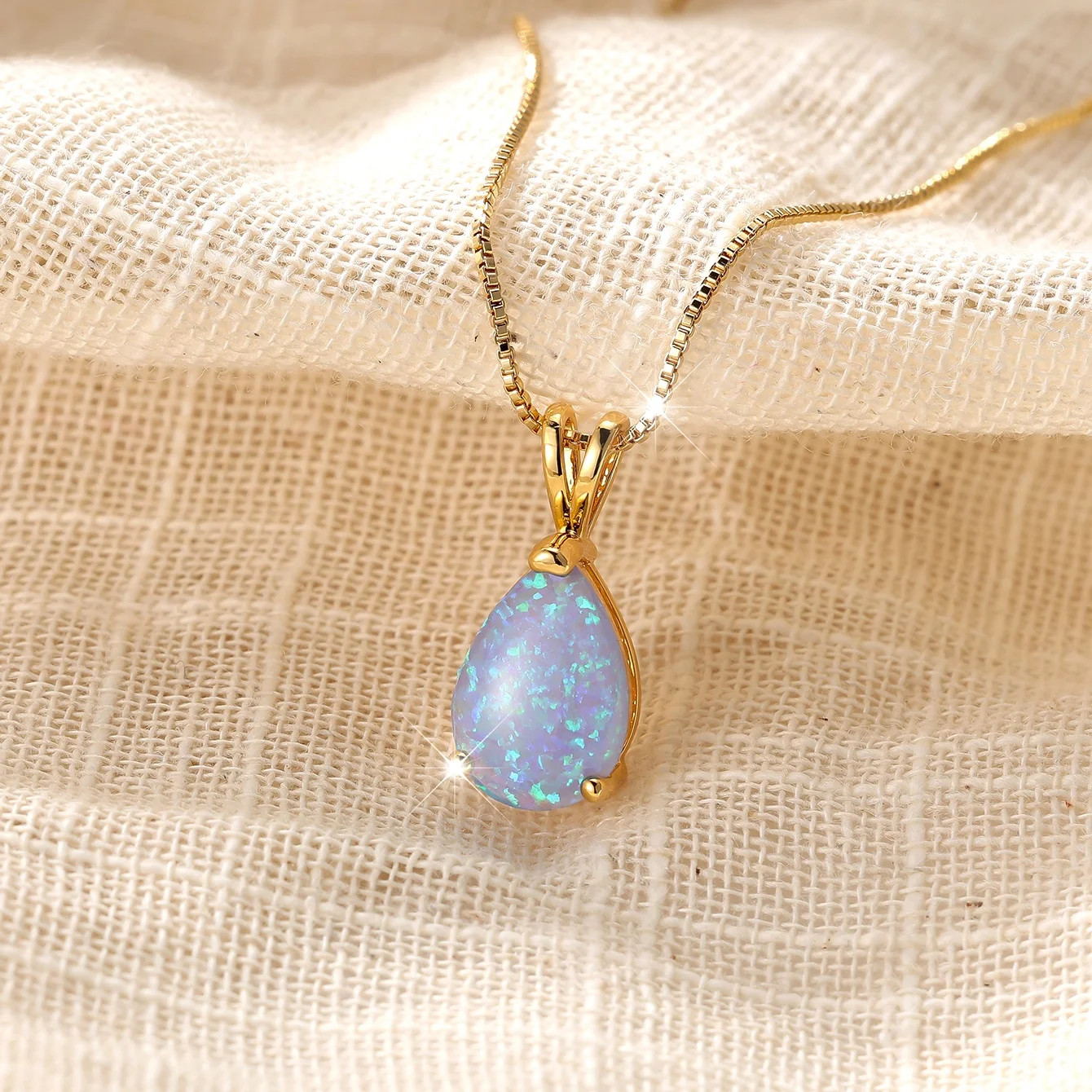 Boho Female White Blue Opal Water Drop Pendant Necklace Gold Color Wedding Jewel