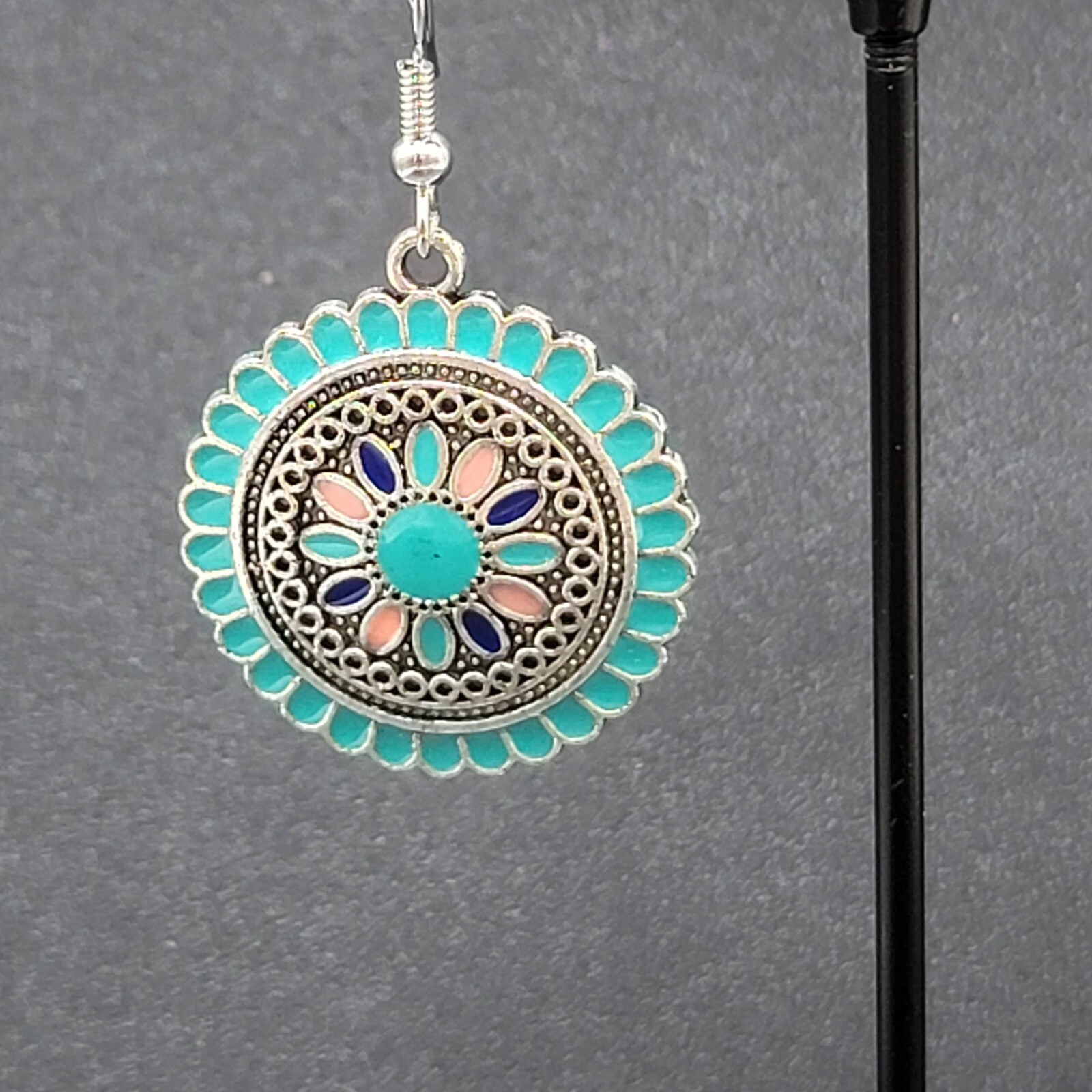 Pierced Earrings Silver tone Enamel Medallion Round Dangle Multicolor 1″