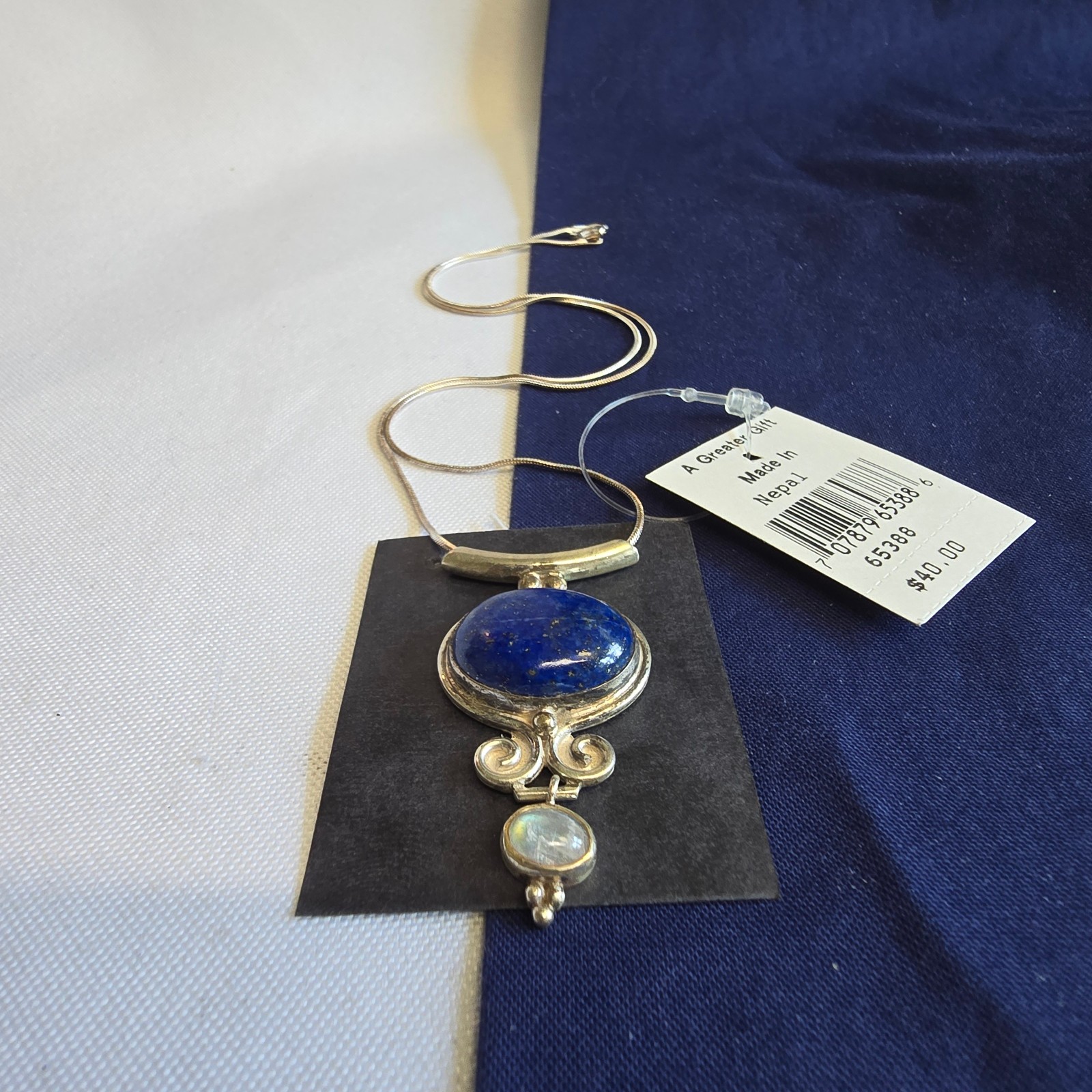 Sterling Silver SERRV Necklace 13.1g Jewelry 17.5″ Chain Lapis Look *READ*