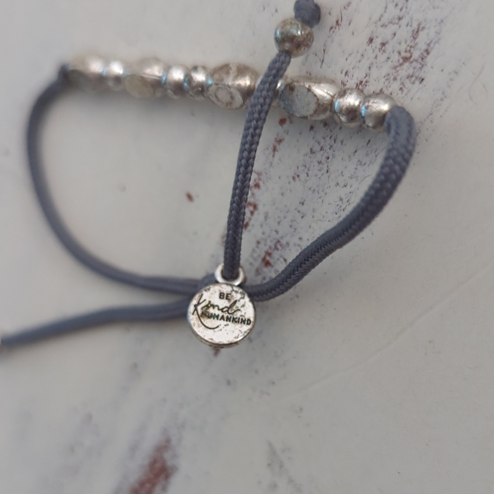 Be Kind Humankind Gray Silver Tone Adjustable Cord Beaded Bracelet Slide Closure