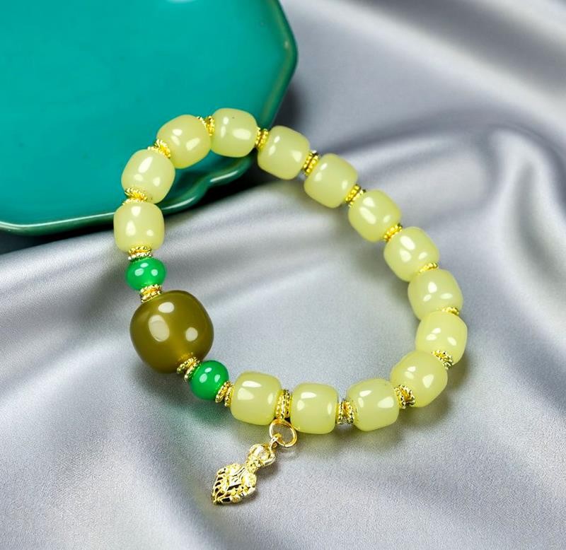 Girl Grandma Mother Lady Women Yellow Jade Beads Bracelet Jewelry Gift Box DD160