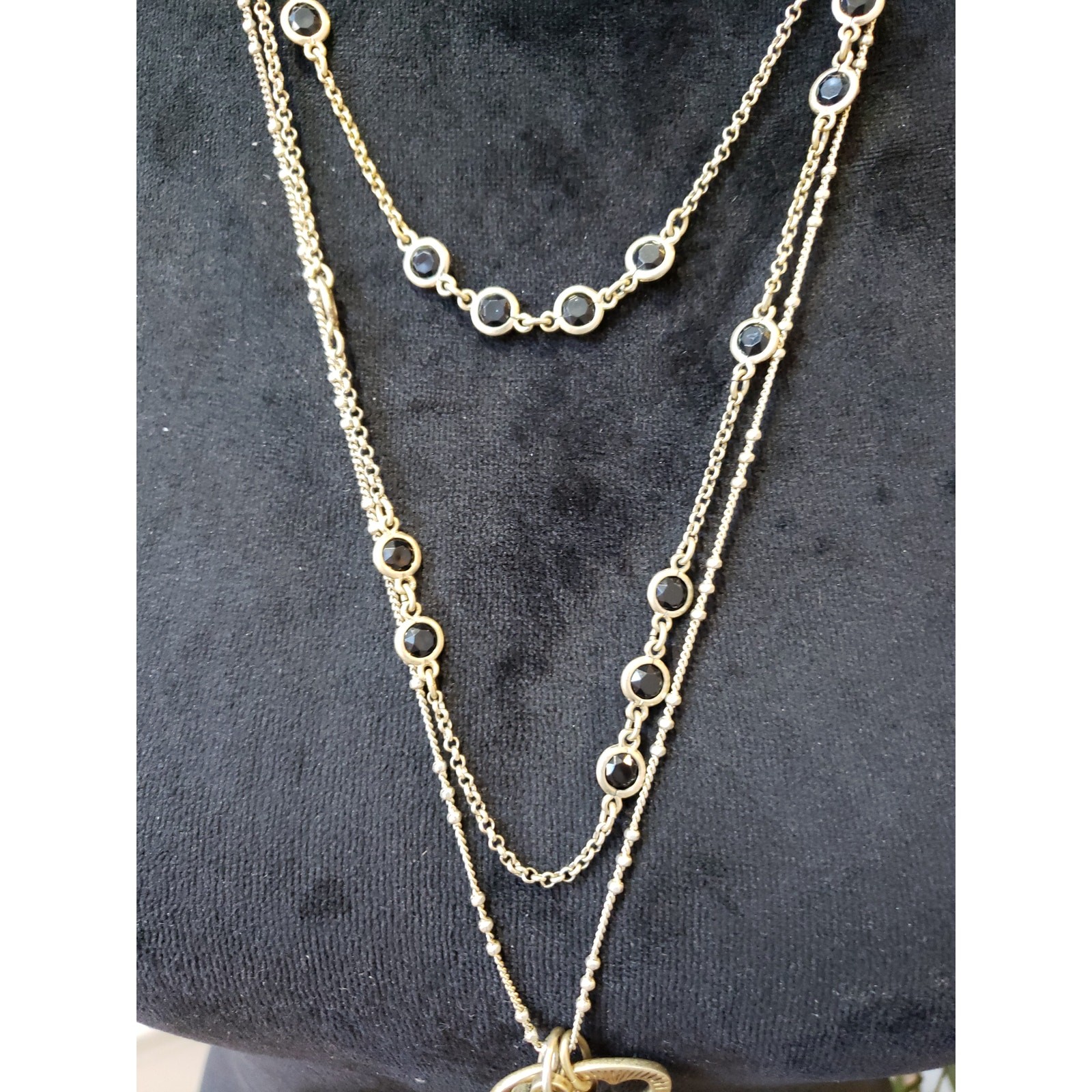 Women’s Gold Tone Layered Necklace Black Crystal Key Pendant Vintage Style