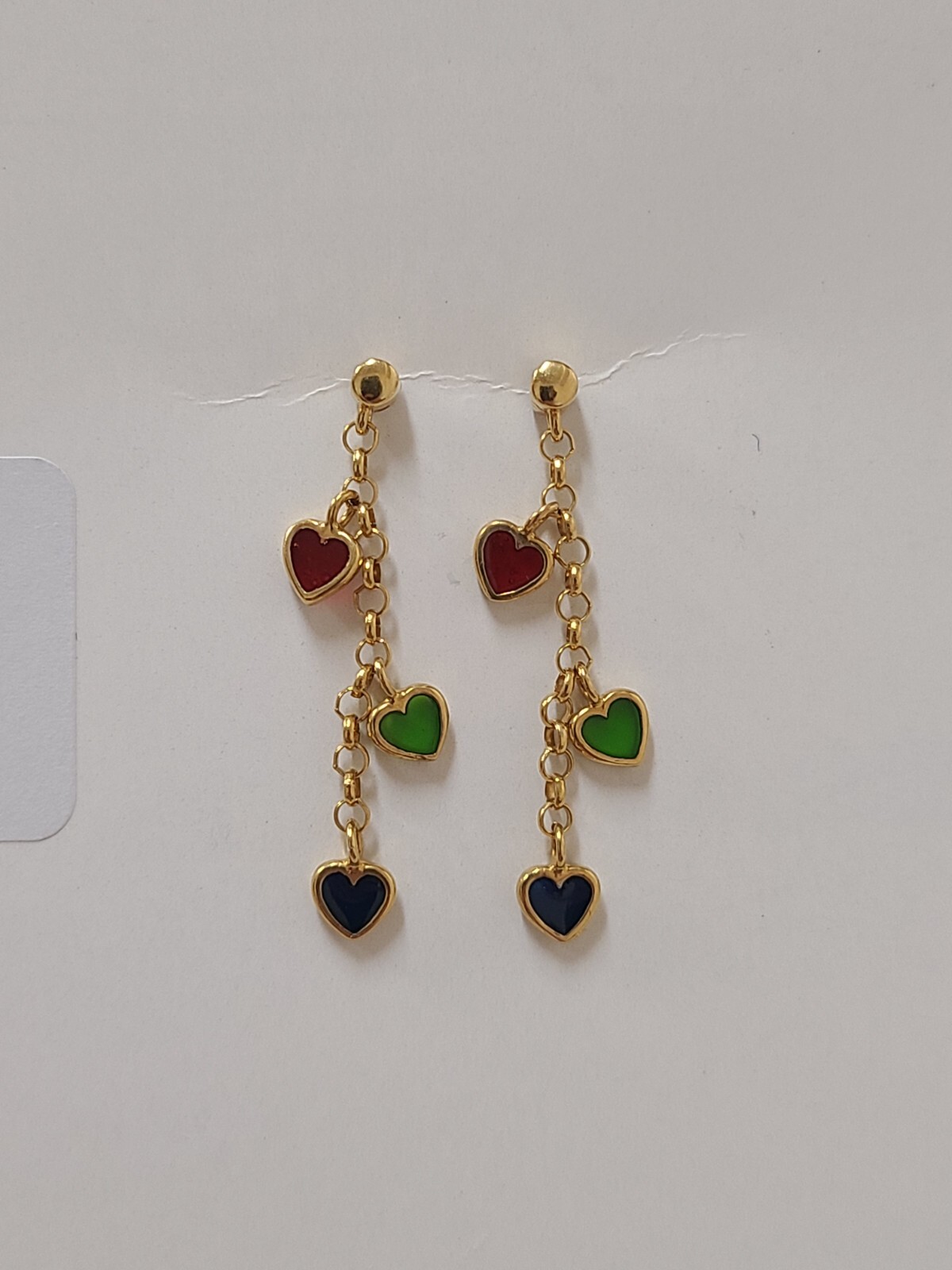 Triple Dangling Heart Earring 14k Yellow Gold Red Green Blue Enamel Hearts 38mm