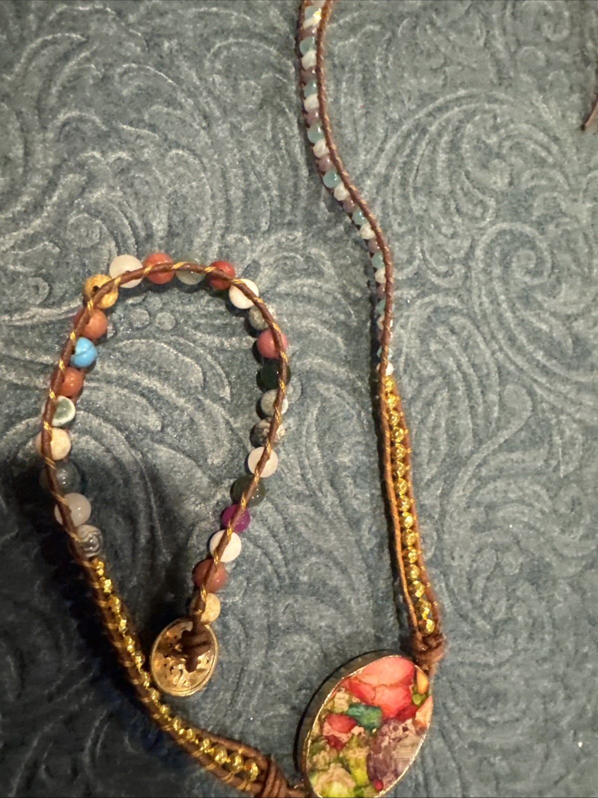 Leather And Mixed Stone Wrap Gold Tone Wrap Bracelet