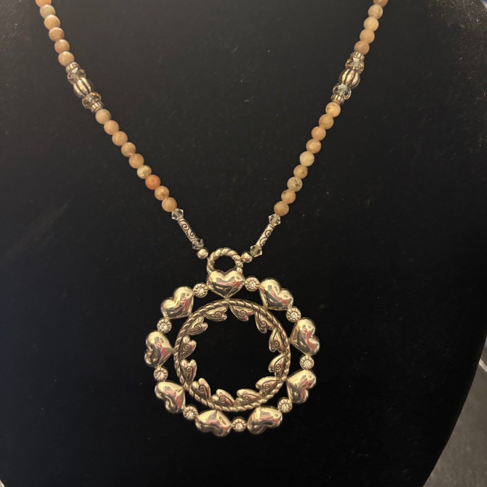 Brighton Silver Tone Heart Wreath Pendant Beaded Wheat Chain Necklace Adjustable