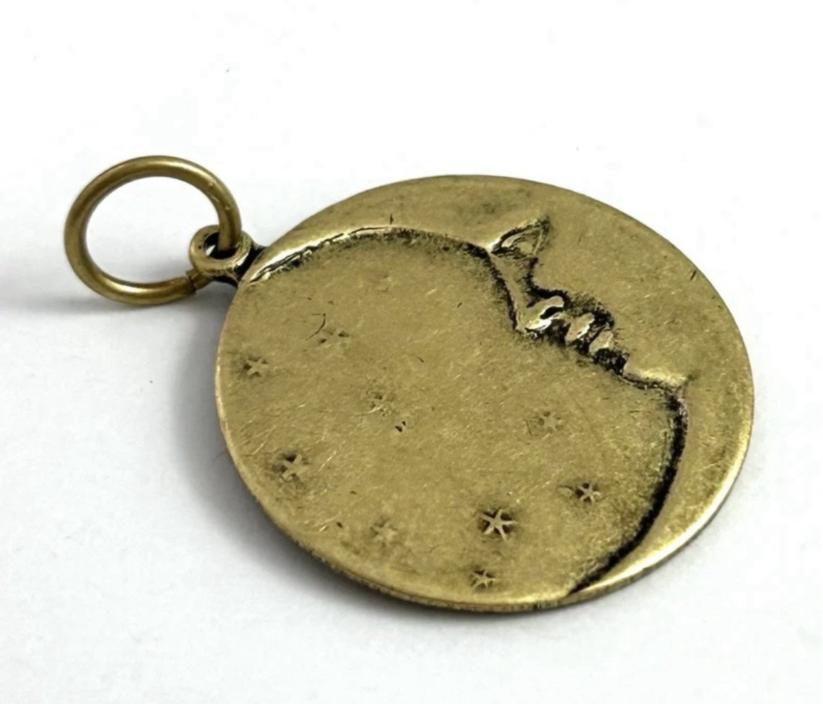 Moon Charm Pendant Antiqued Brass Metal Crescent Moon Face Stars Celestial
