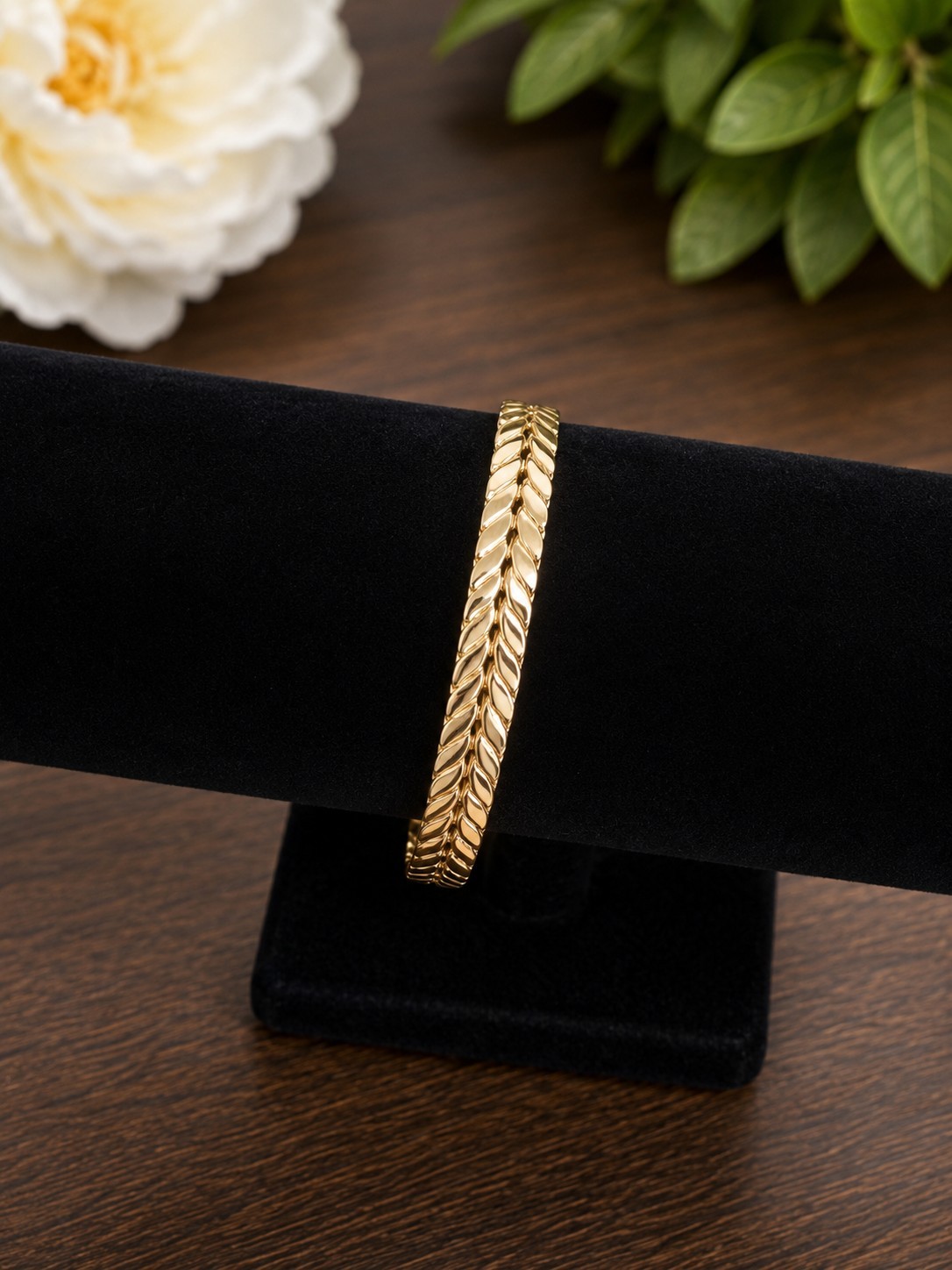 Gold Tone Textured Leaf Pattern Open Cuff Bracelet