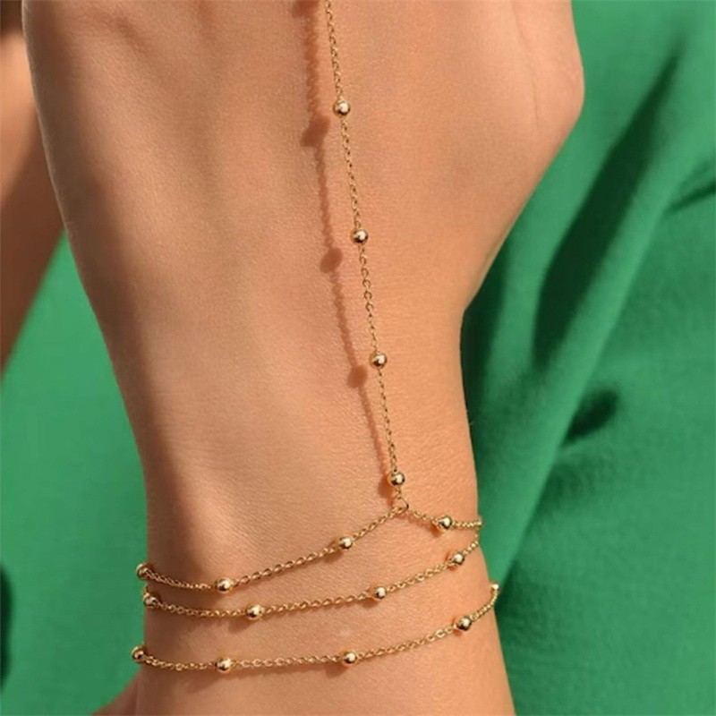 Gold Tone Hand Chain Bracelet Ring Link Chain Boho Fashion Jewelry for Women