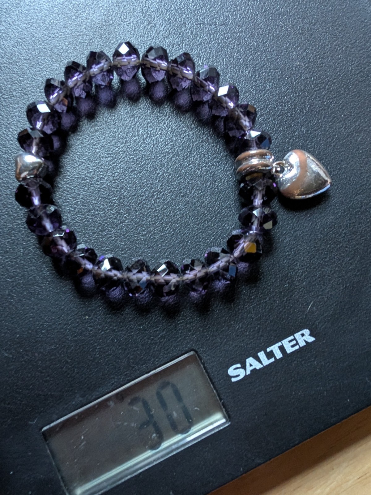Purple Crystal Elasticated Faux Amethyst Bracelet 30g Love Heart Charm New/ Box