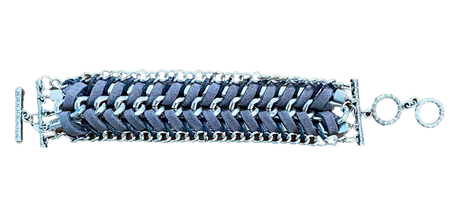 NEW Premier Designs Gray Leather Bracelet, Silver Tone Chains, Rhinestones