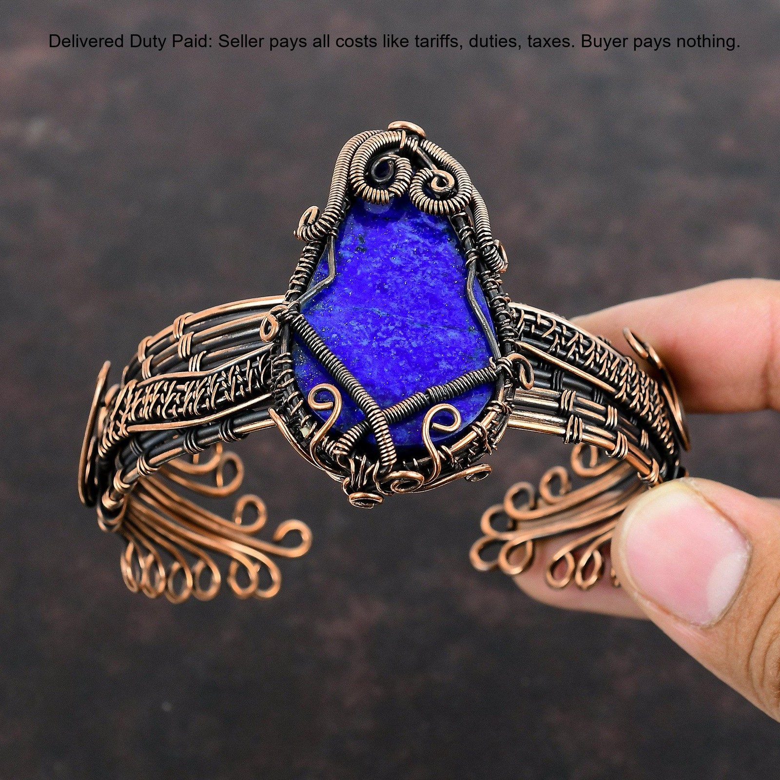 Copper September Lapis Lazuli Gemstone Wire Wrapped Handcrafted Bangle Jewelry