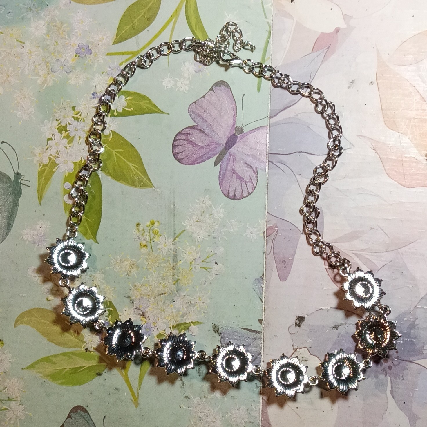 Silver Tone Purple Crystal Rhinestone Flower Station Cable Chain Necklace