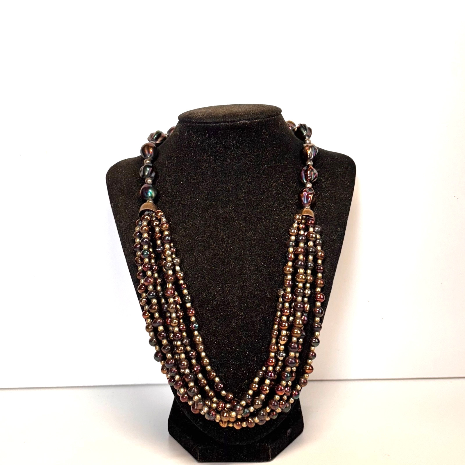 NECKLACE iridescent bronzetone glass beads brasstone metal bead 6 strand 22 1/2″