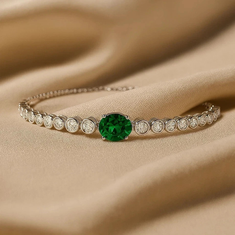 7 Ct Emerald Cut Simulated Emerald Women Tennis Bracelet 14K White Gold Plated