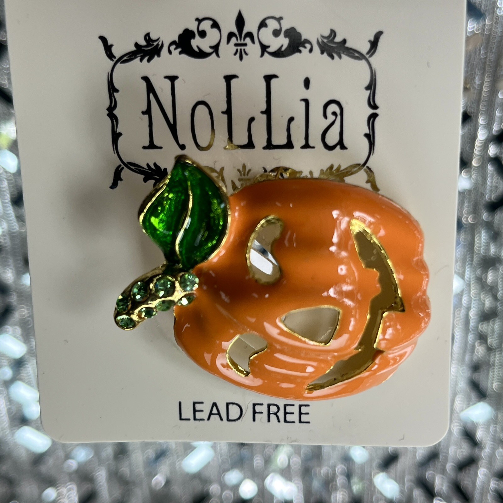 Nollia Orange Halloween Pumpkin Pin Brooch Bling Stem Jack-O-Lantern Ceramic