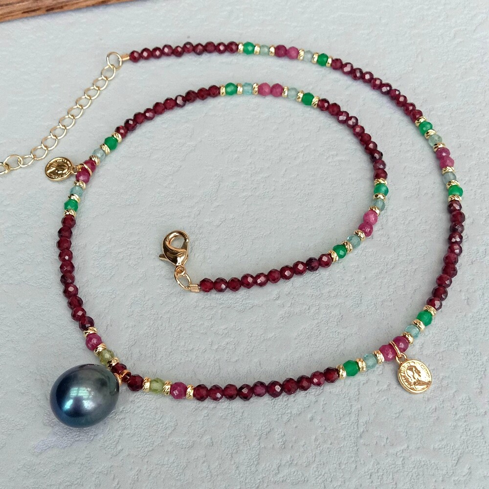 Garnet Agate Ruby Pearl Charm Necklace 3mm Gemstone Cultured Black Pearl Pendant