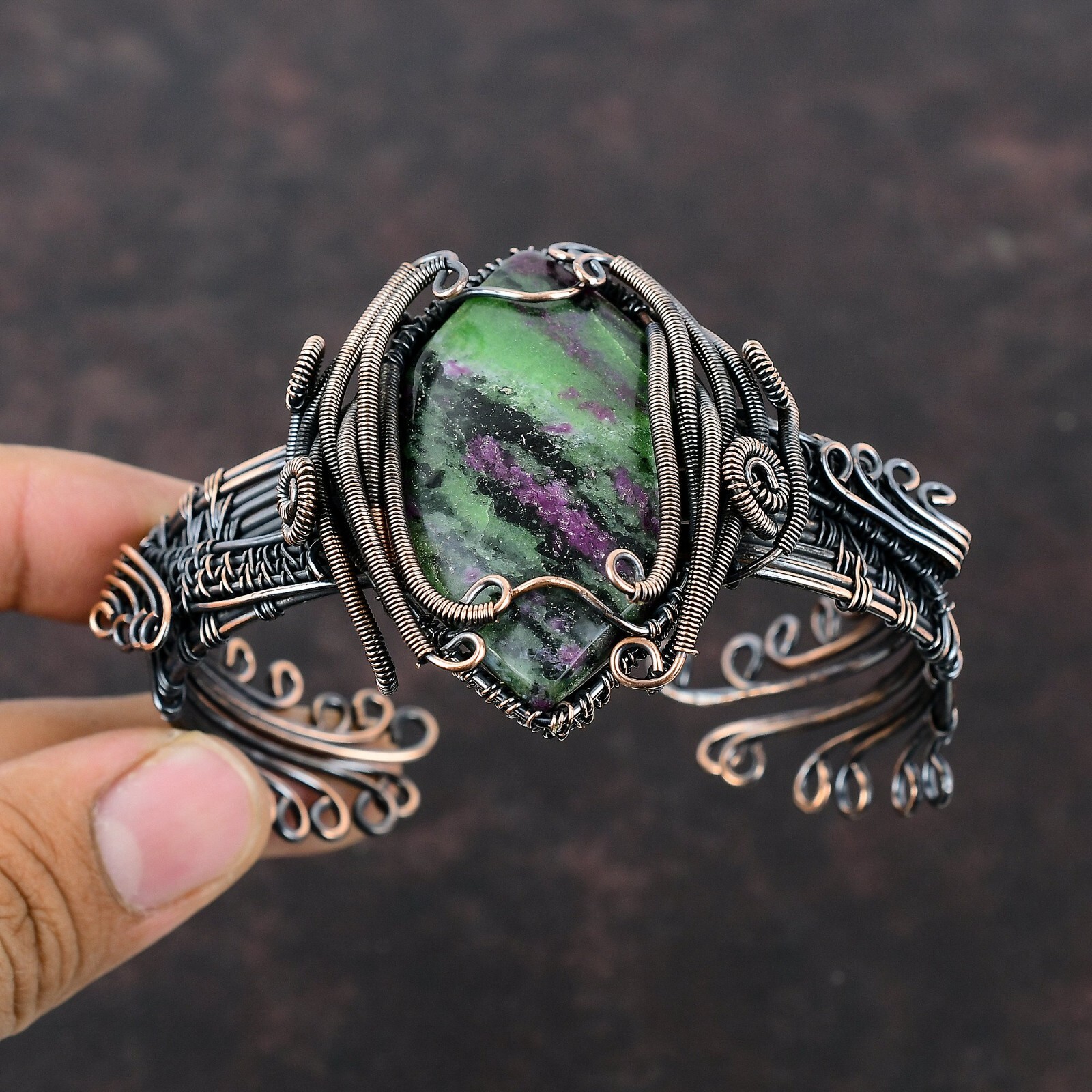 Ruby Zoisite Gemstone Jewelry Copper Valentine Gift Wire Wrapped Adjustable Cuff