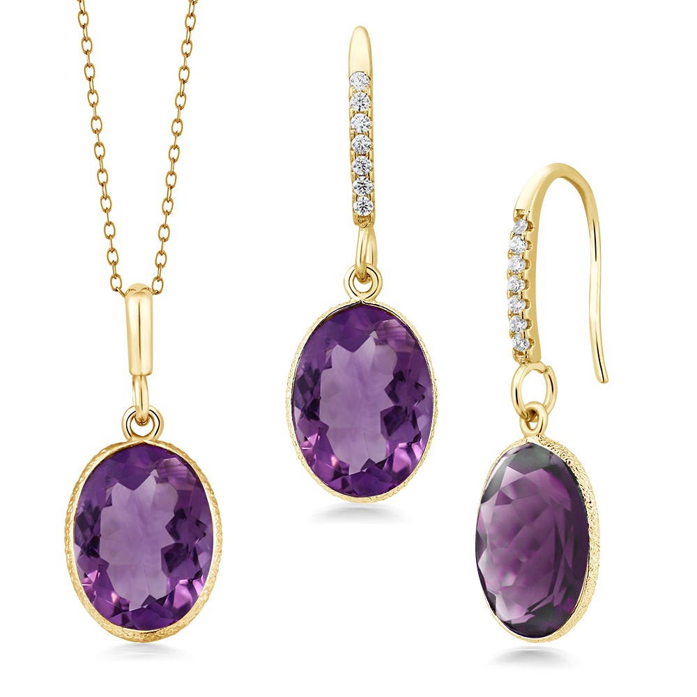 15.00 Ct Amethyst 14x Oval 18K Yellow Gold Plated Silver Jewelry Set 18″ Chain