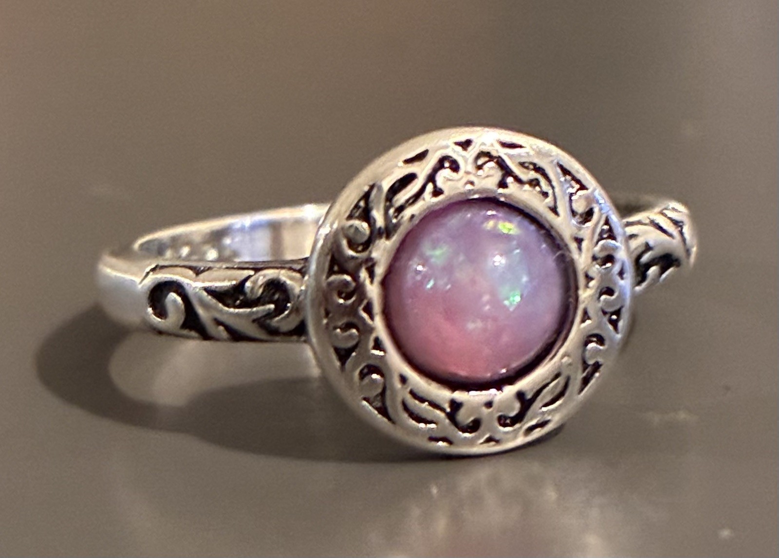 Ornate 925 Sterling Silver Synthetic Pink Opal Scroll Detail Ring UK N