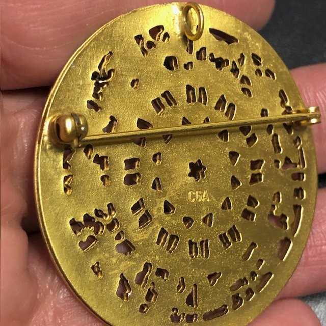 B809 CGA Zodiac Round Brooch 2-7/8″ Gold Tone Astrology Signs Pin