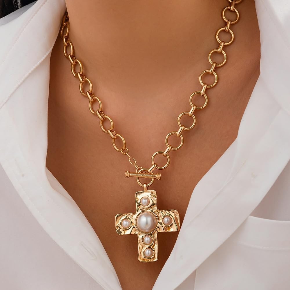 GIGB PBDK Chunky Gold Cross Necklace for Women,Vintage Statement Layered Necklac