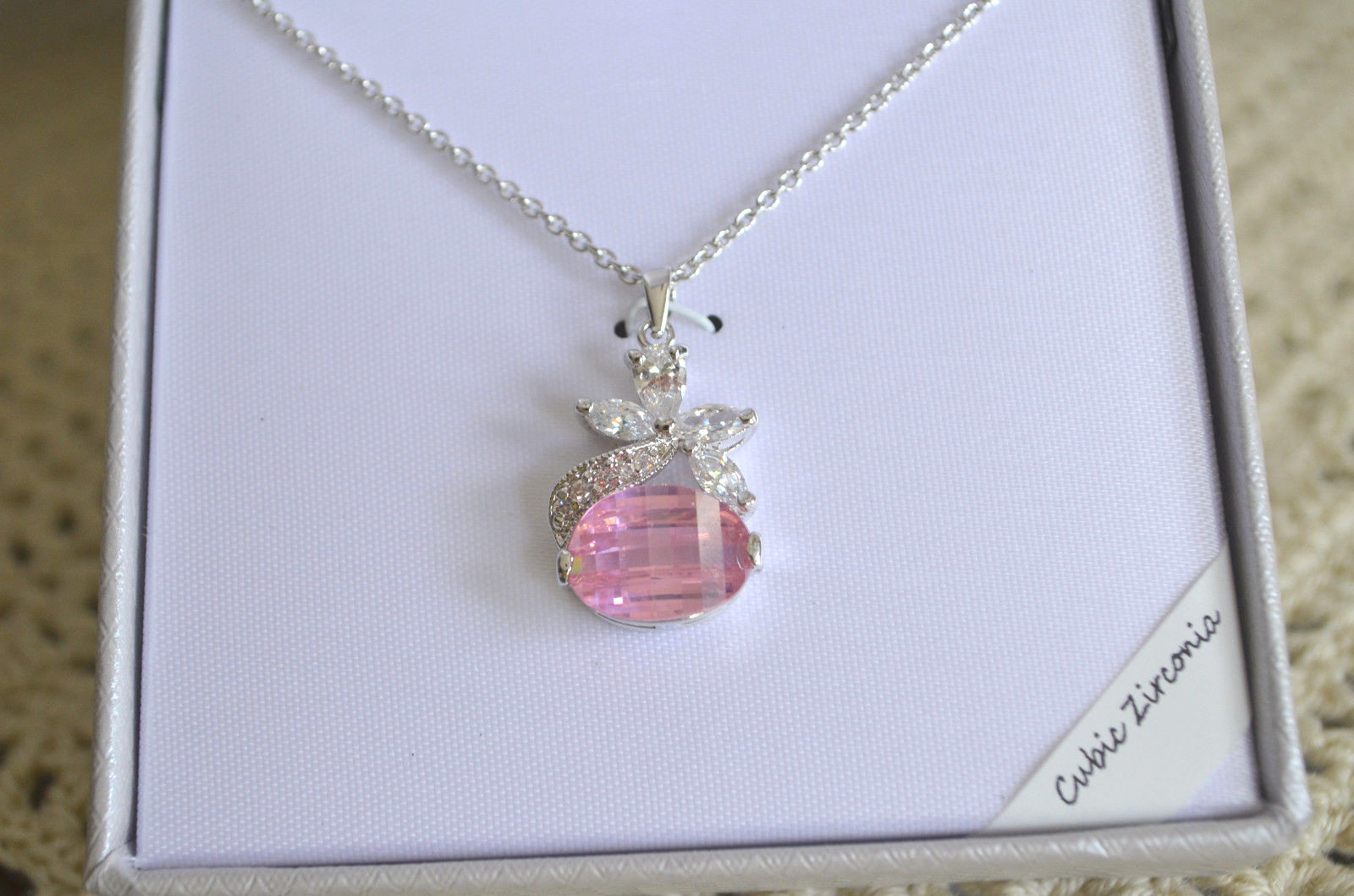 Pink Oval & Clear White CZ Pendant Silver Plated Necklace Gift Box