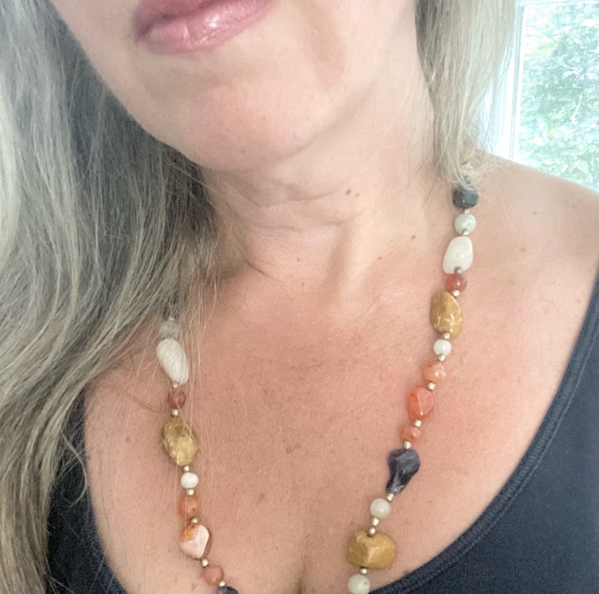 Multicolor Freeform Stone Beaded Necklace Ball/Bead Chain Barrel Closure