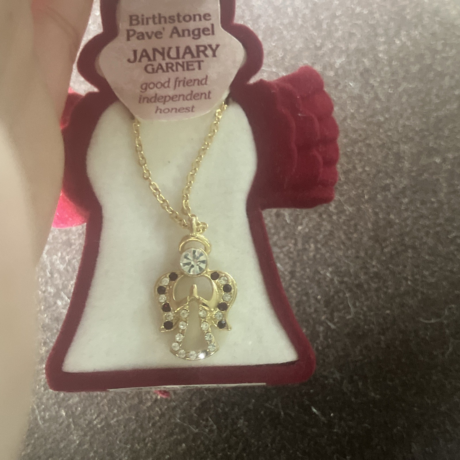 Gold Tone Pavé Angel Charm Pendant Necklace Clear Crystal Garnet Red Cable