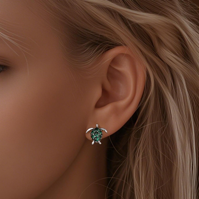 PANDACH 925 Sterling Silver Green Sea Turtle Stud Earrings For Women Post Studs