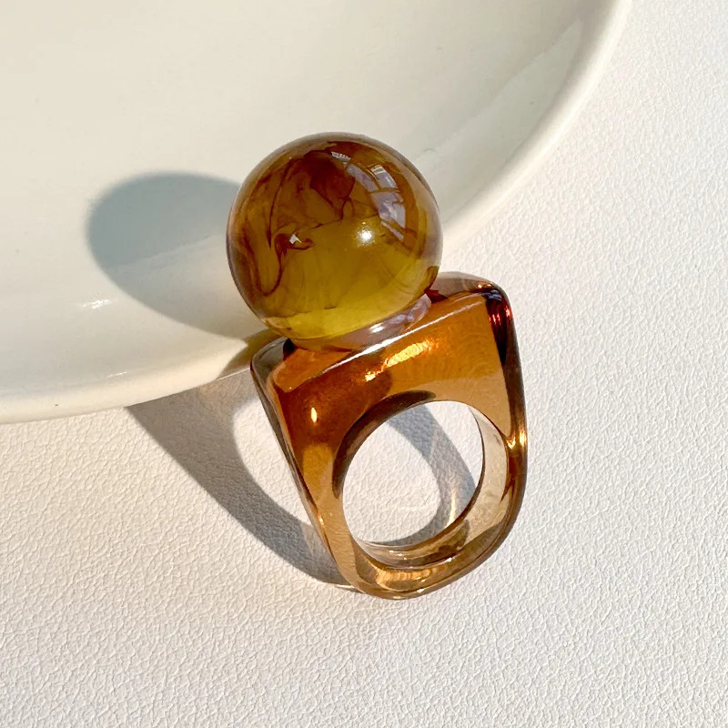 Resin Ball Shape Ring Chunky Geometric Adjustable Wedding Band Women Jewelry
