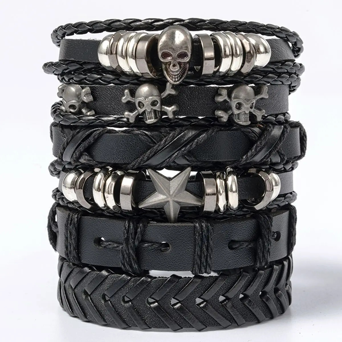 6pcs/Set Black Punk Skull Star Shaped Alloy Pu Leather Bracelet Punk Hip Pop