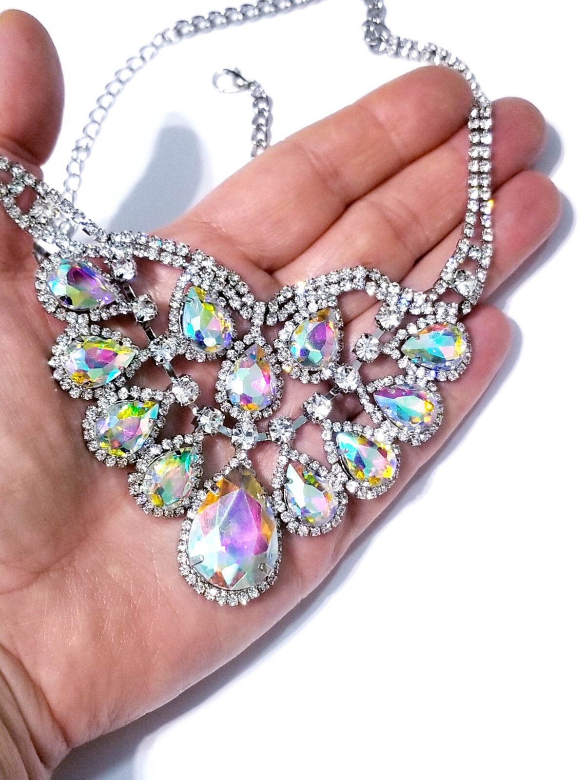 Iridescent AB Crystal Choker Rhinestone Statement Necklace Bridal Prom Pageant