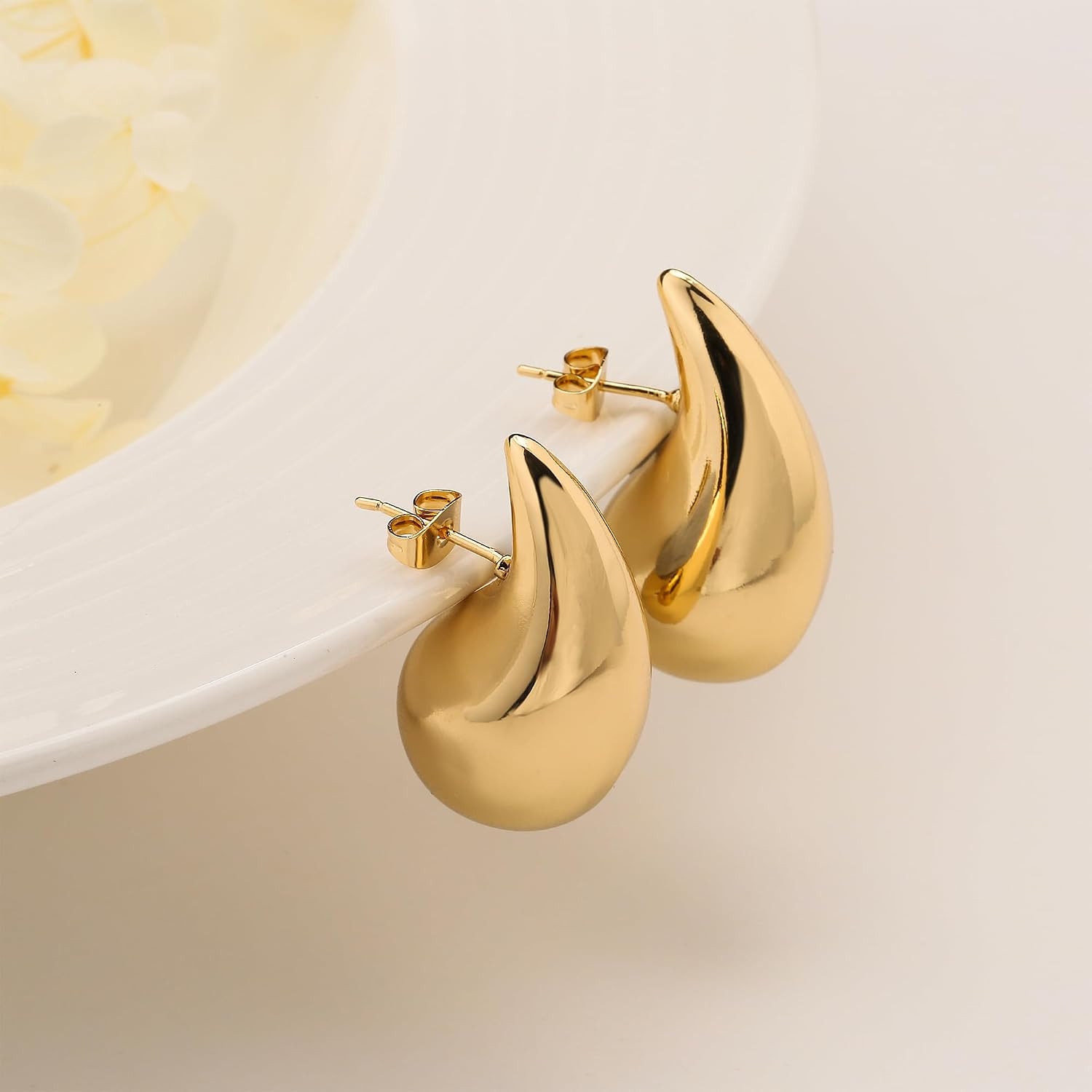 Chunky 14K Gold Plated Hoop Earrings for Women, Lightweight Waterdrop Hollow Ope