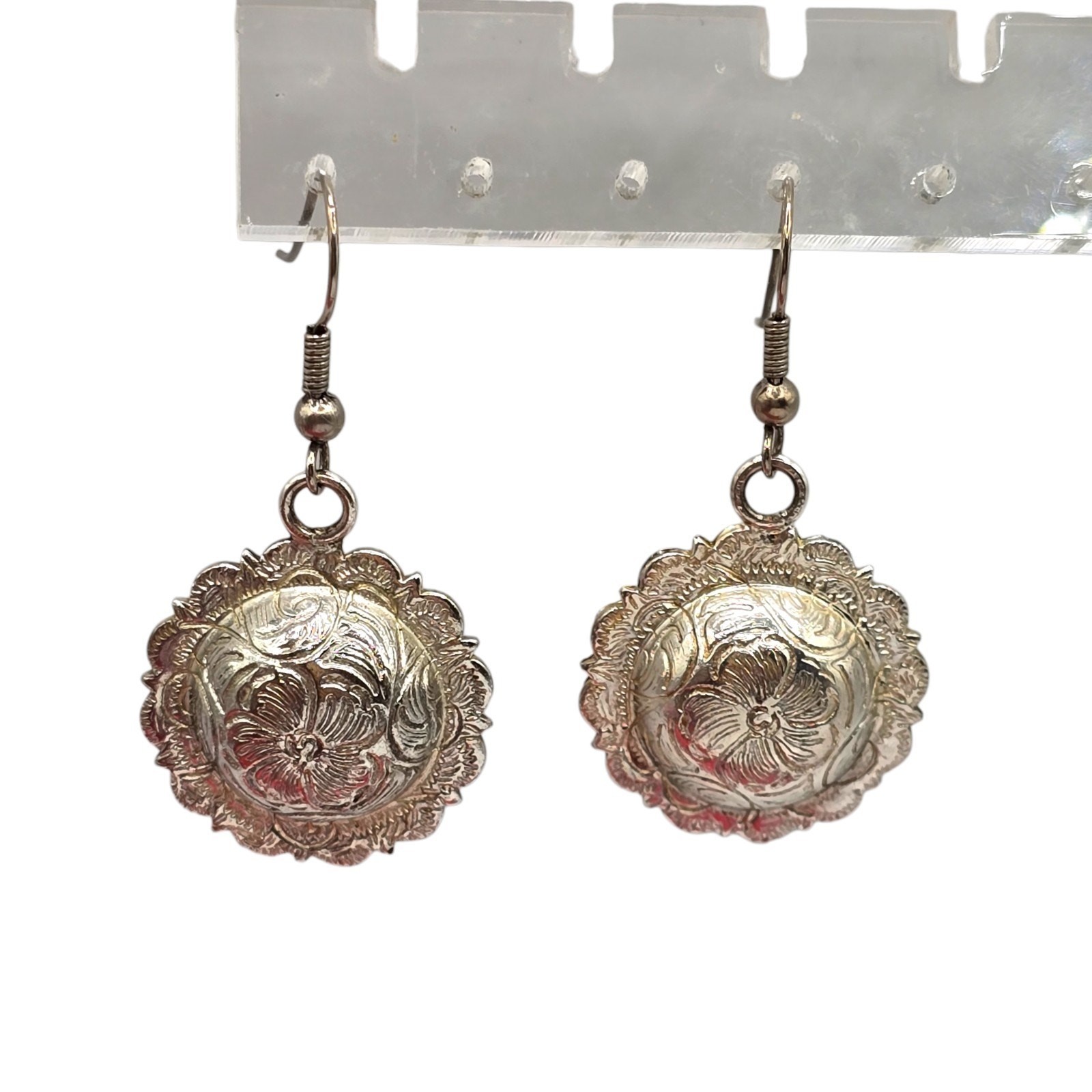 Earrings Raised Floral Repousse Design Dome Discs Scalloped Edged Pierced SK3164