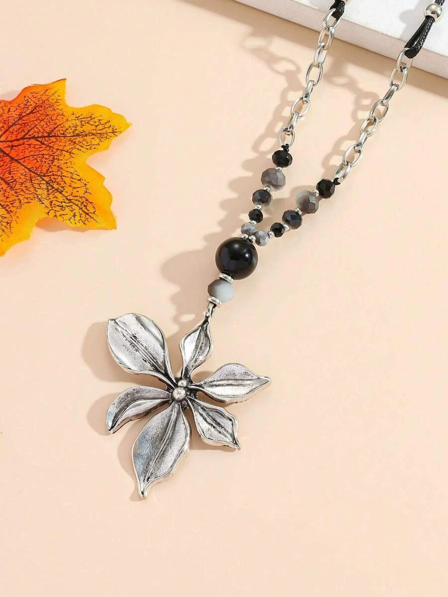 1pc Floral Alloy Beaded Necklace Casual Vintage Women Daily Jewelry