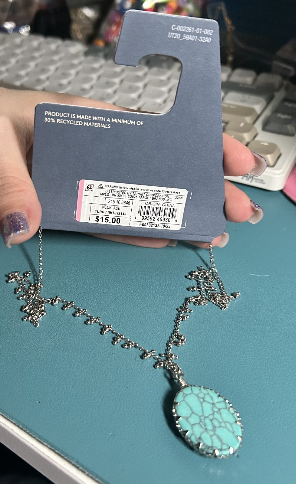 Universal Thread Faux Turquoise Pendant Necklace Silver Tone Beaded Chain NWT